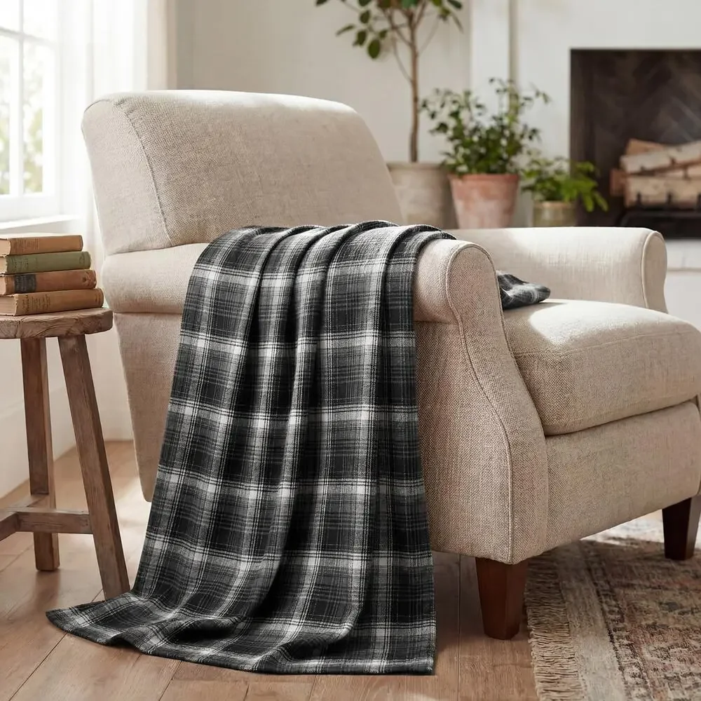 Plaid Throw Blanket Black White Gray New Sealed Woven Cozy Soft Warm 60x80